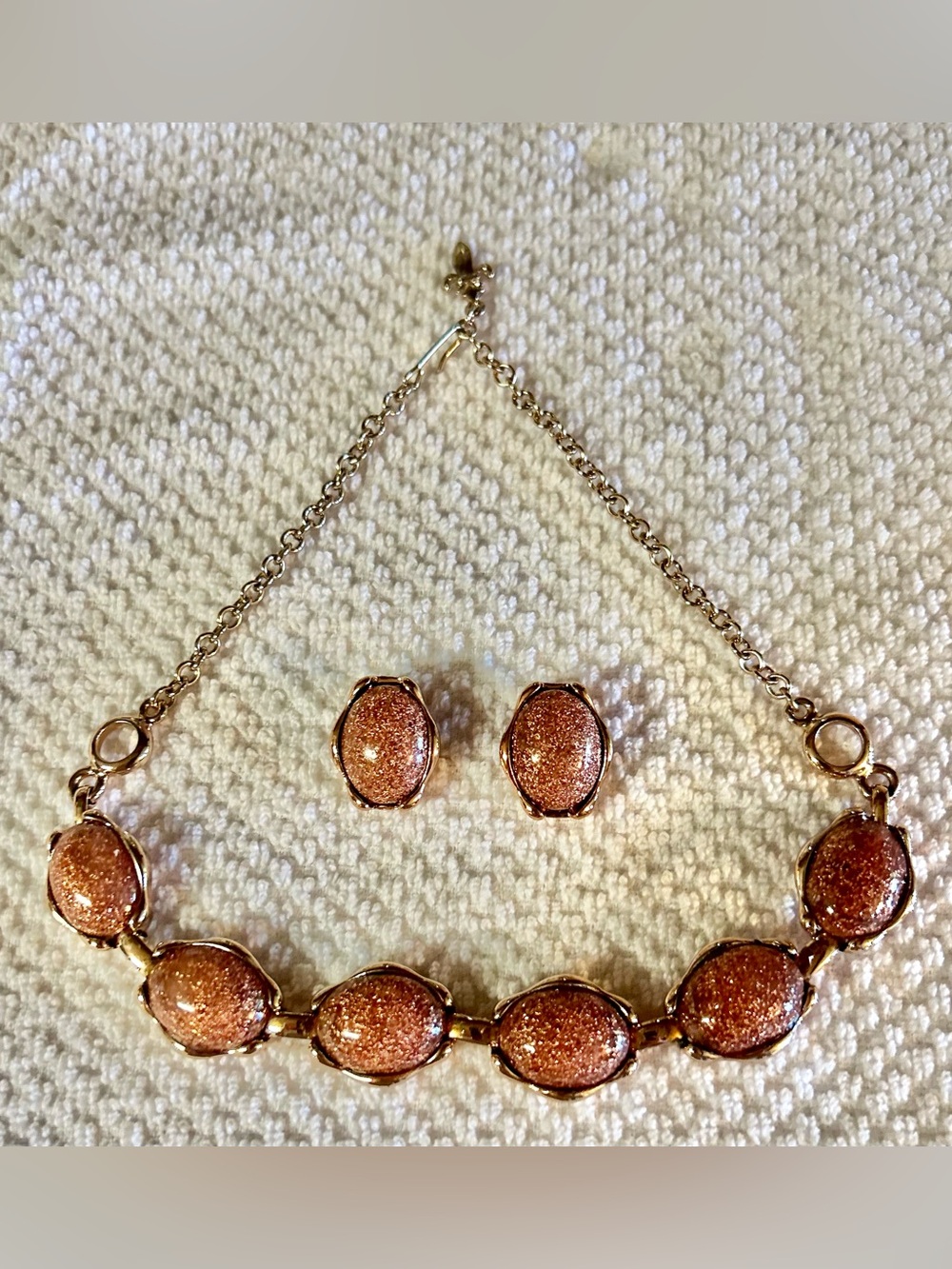 Gold-Tone Rose Gold Glitter Stone Necklace & Earrings Set
